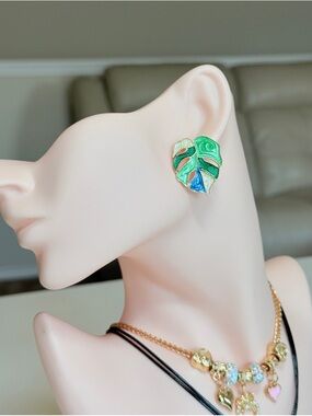 Green and Blue Monstera Leaf Stud Earrings